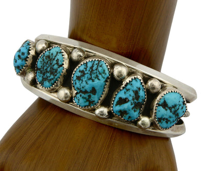 Navajo Bracelet .925 Silver Sleeping Beauty Turquoise Signed JR C.80's