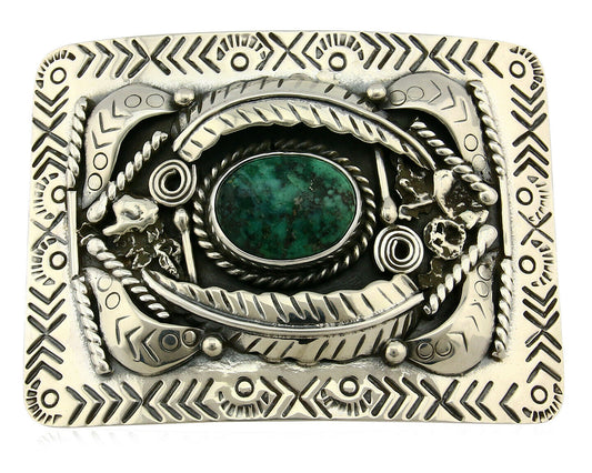 Navajo Belt Buckle .925 Silver Turquoise Mountain Artist Signed Tipi C.80's