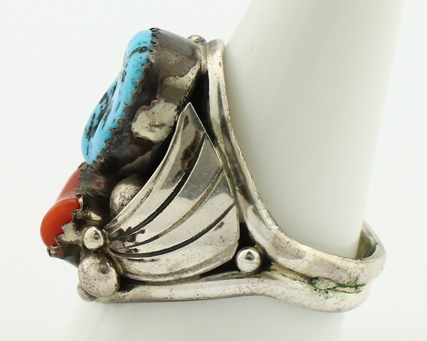 Zuni Ring 925 Silver Blue Turquoise & Coral Artsti Signed Patsy Allopowa C.80's