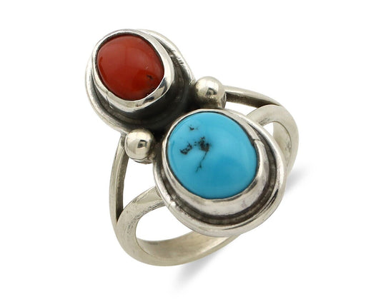 Navajo Inlay Band Ring 925 Silver Turquoise & Coral Native Artist C.80's