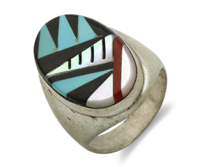 Zuni Inlaid Ring .925 Silver Gemstone Artist Native American C.1980's