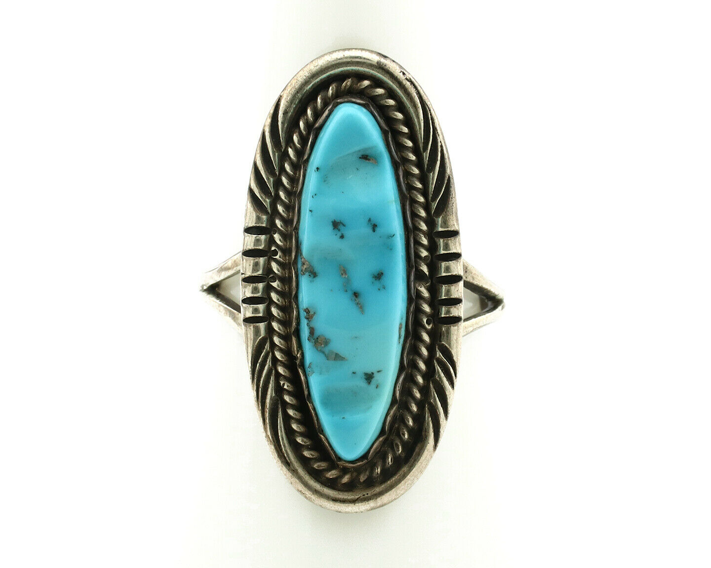 Zuni Ring .925 Silver Natural Hand Carved Turquoise Signed MS C.80's