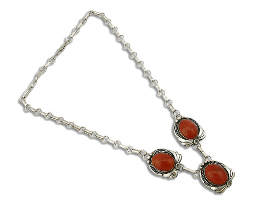 Women's Navajo Necklace .925 Silver Mediterranean Coral Pendant Signed J