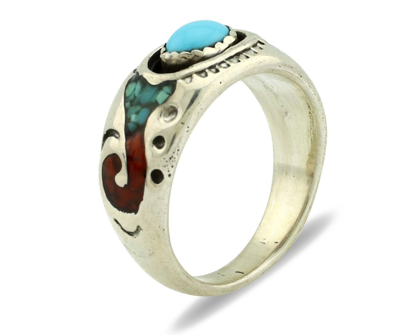 Navajo Handmade Ring 925 Silver Blue Turquoise & Coral Native American C.80's