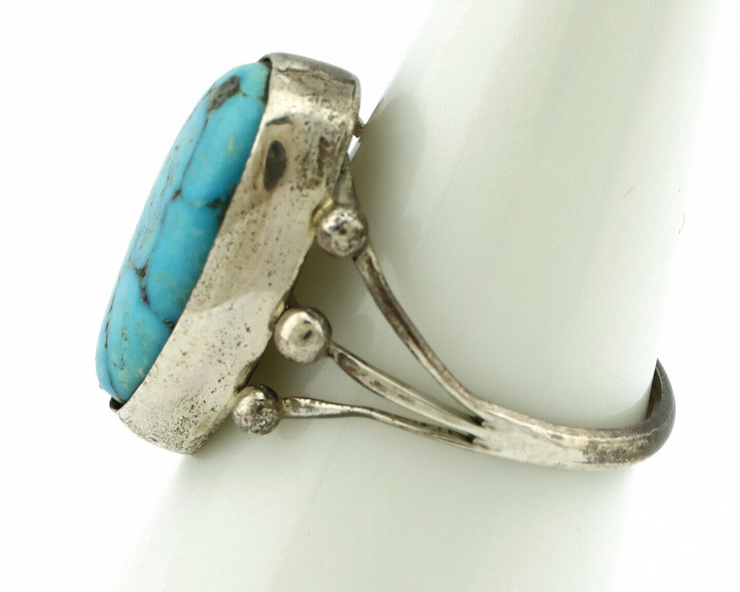 Navajo Ring .925 Silver Morenci Turquoise Artist Signed R C.80's