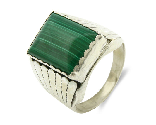 Navajo Ring .925 Silver Natural Malachite Signed Artist DL Native American C.80s