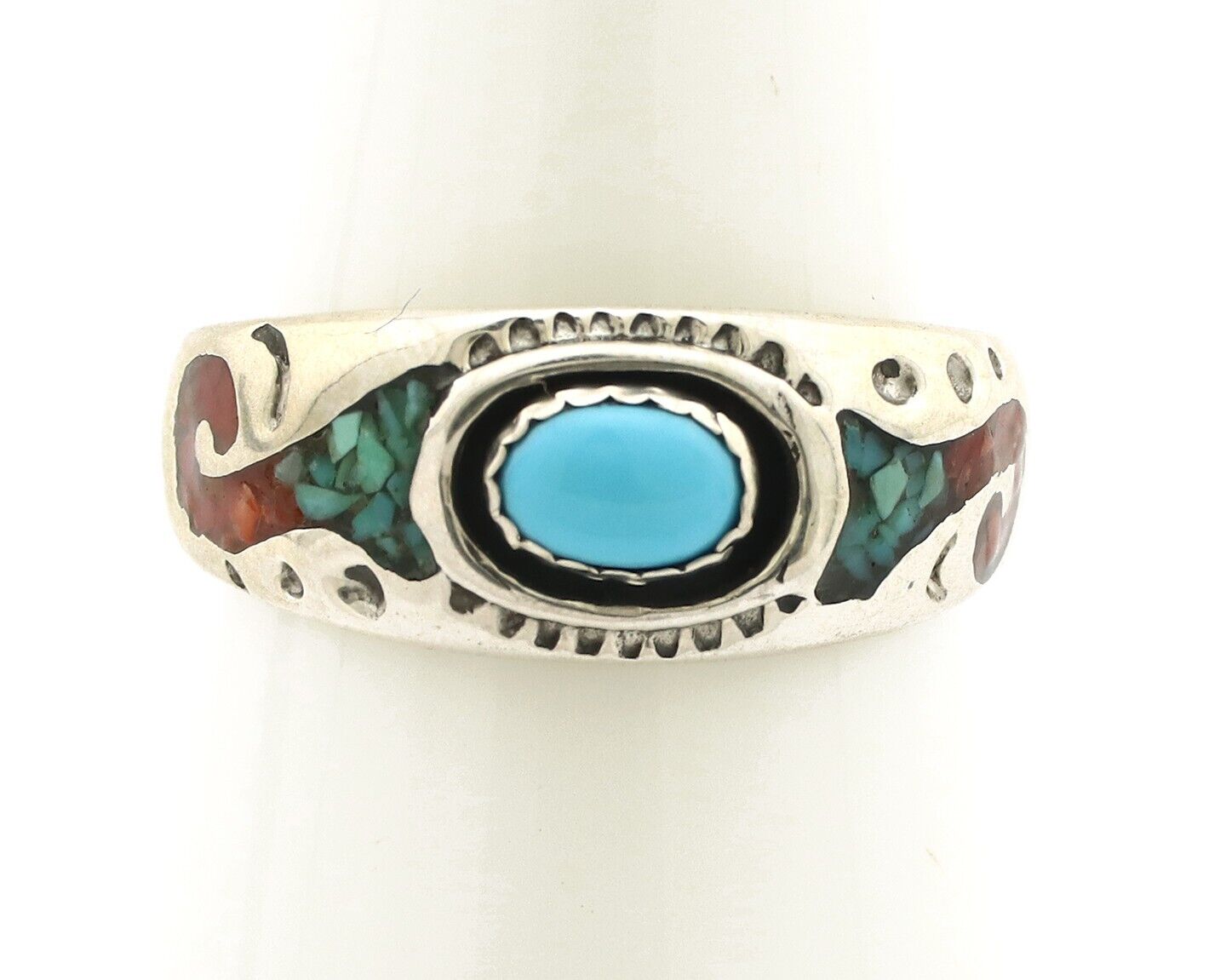 Navajo Handmade Ring 925 Silver Blue Turquoise & Coral Native American C.80's