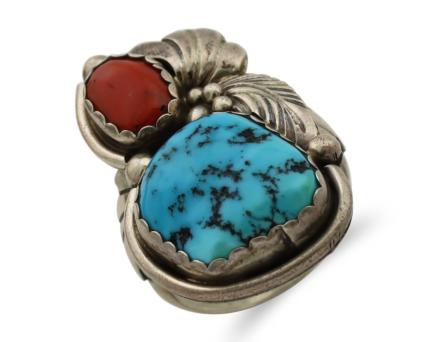 Navajo Ring 925 Silver Blue Turquiose & Coral Artist Signed R Arrow C.80's