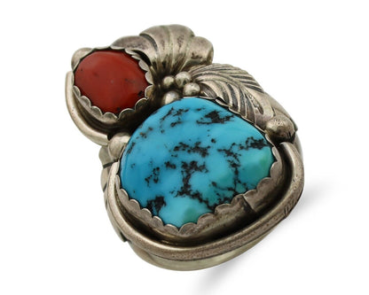 Navajo Ring 925 Silver Blue Turquiose & Coral Artist Signed R Arrow C.80's