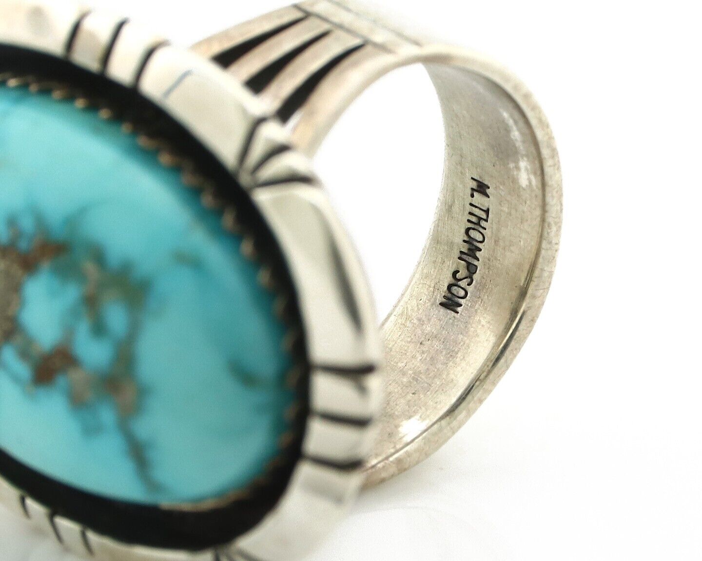 Navajo Ring 925 Silver Morenci Turquoise Artist Signed M Thompson C.80's
