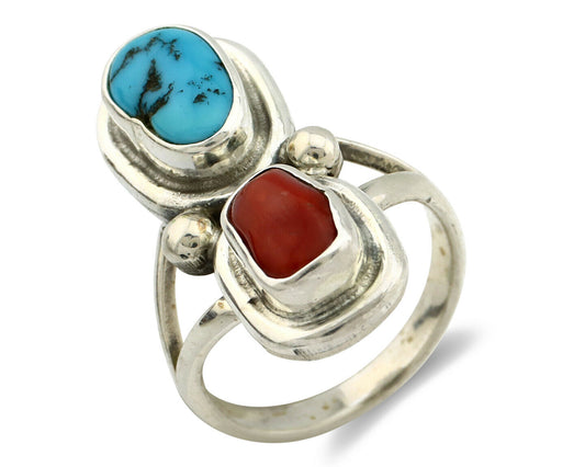 Navajo Ring .925 Silver Red Coral & Blue Turquoise Native Artist C.80's