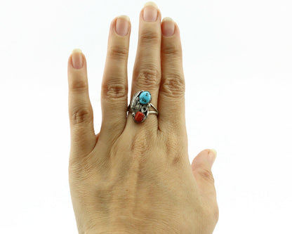 Navajo Ring .925 Silver Turquoise & Coral Native American Artist C.80's