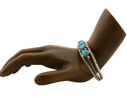 Navajo Bracelet .925 Silver Natural Blue Southwest Turquoise Signed H C.80's