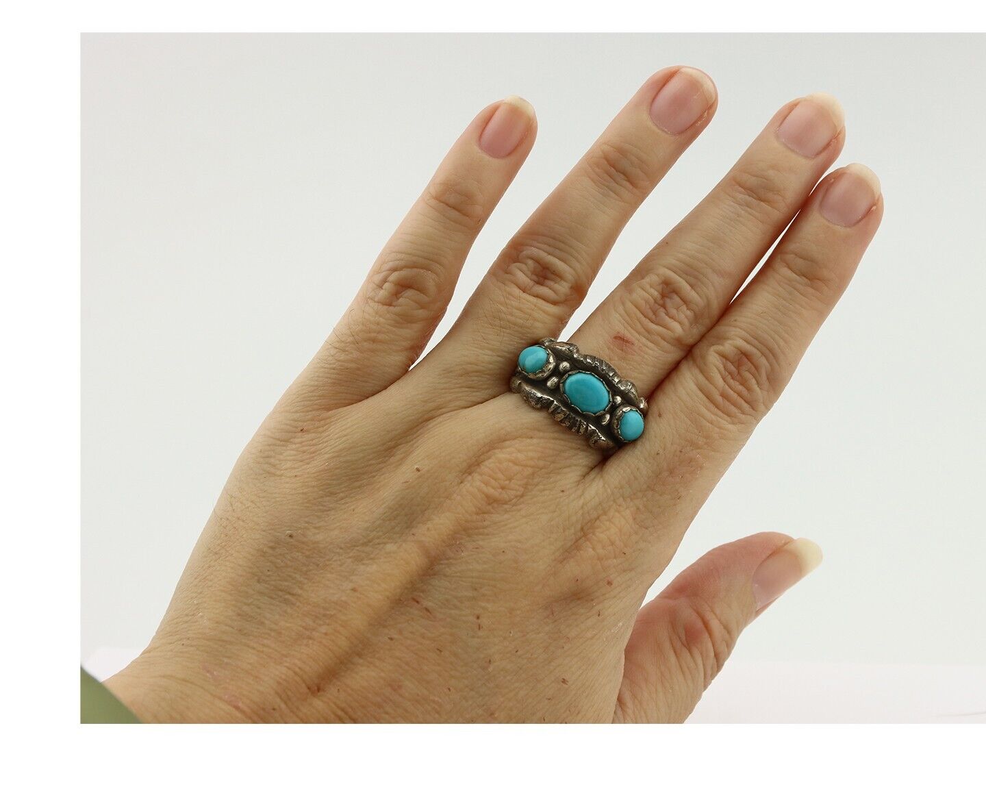 Navajo Ring .925 Silver Natural Blue Turquoise Native American Artist C.80's