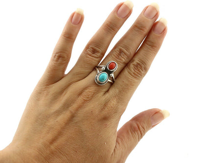 Navajo Handmade Ring 925 Silver Coral & Turquoise Native American Artist C.80's