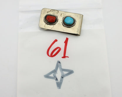 Navajo Money Clip 925 Silver & 999 Nickel Natural Turquoise & Coral Artist C80