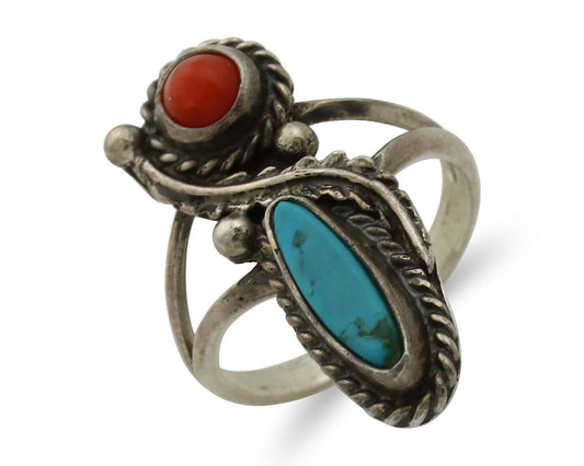 Navajo Handmade Ring 925 Silver Turquiose & Coral Native American Artist C.80's