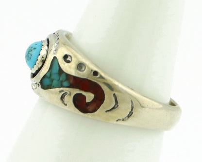 Navajo Handmade Ring 925 Silver Blue Turquoise & Coral Native American C.80's