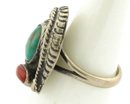 Navajo Ring 925 Silver Turquoise & Coral Handmade Native American Artist C.1980s