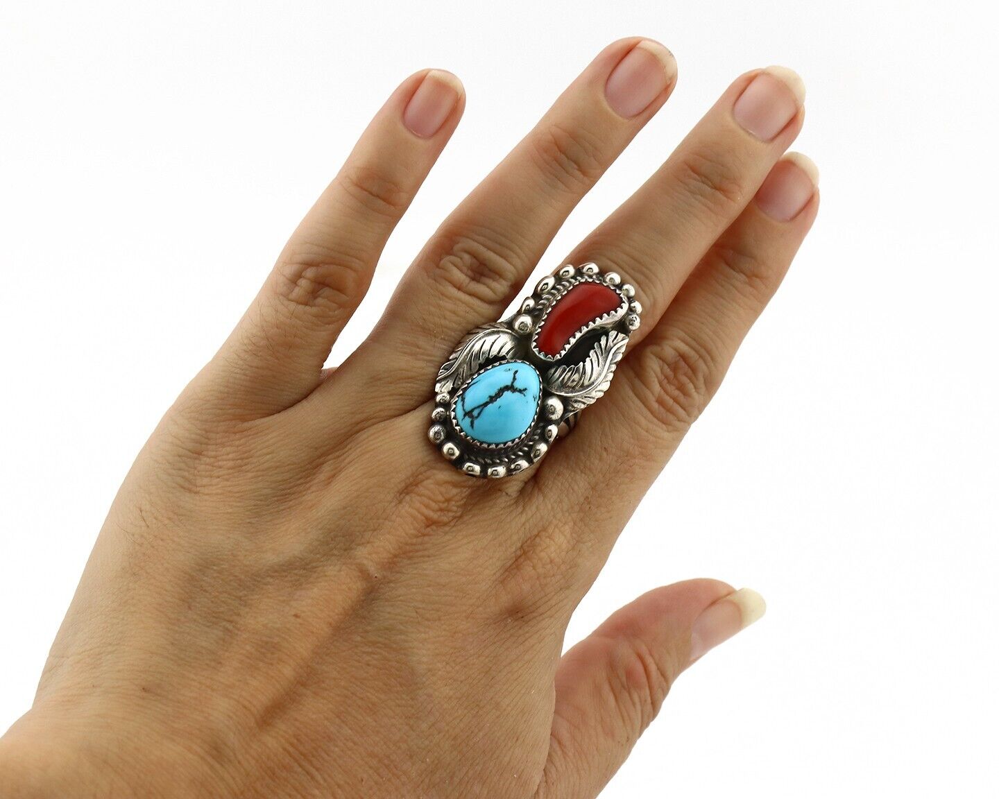 Navajo Ring 925 Silver Blue Turquoise & Coral Signed Stanley Bain C.80's