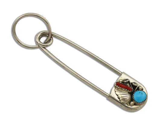 Navajo Handmade Key Chain .925 Silver Blue Turquoise & Coral Native Artist C80s