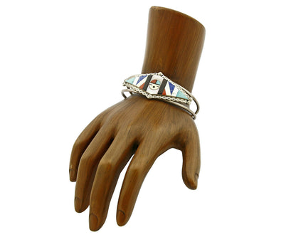 Navajo Unknown Artist Sun God Inlaid Gemstone .925 Silver Cuff Bracelet