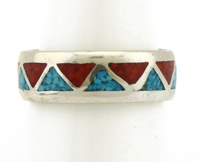 Navajo Chip Inlay Ring 925 Silver Sleeping Beauty Turquoise & Coral Silver Cloud