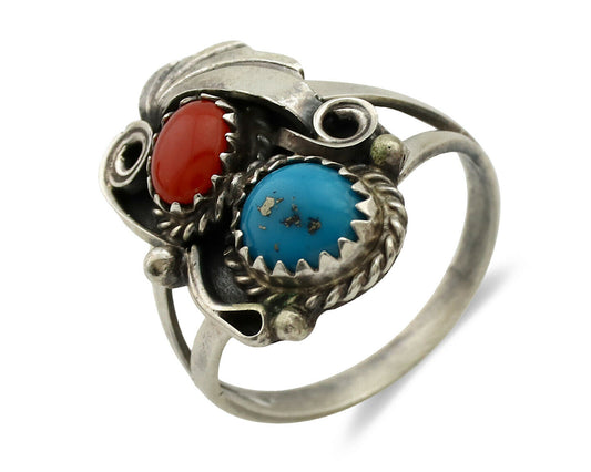 Navajo Ring .925 Silver Turquoise & Coral Artist Signed J Morris C.80's