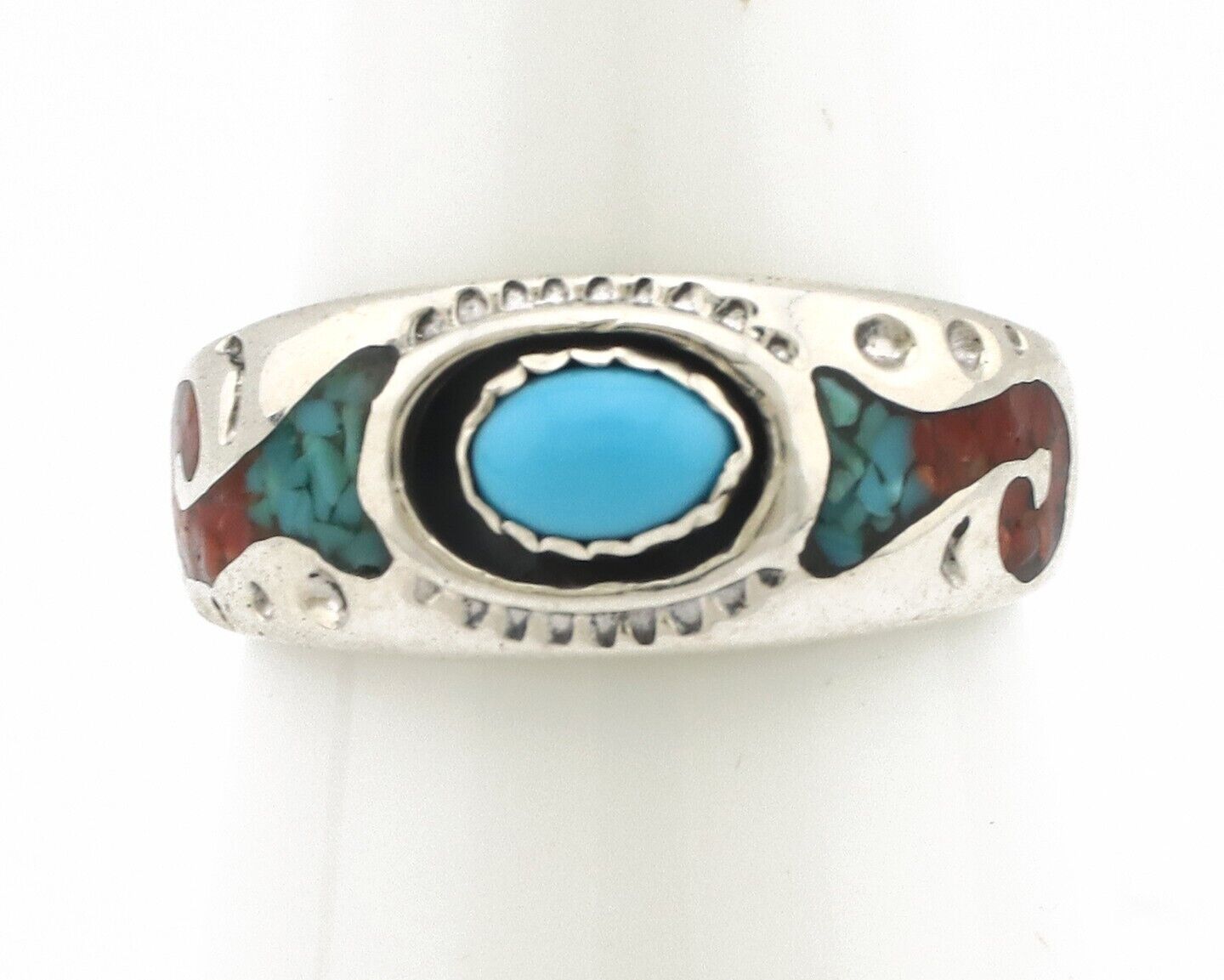 Navajo Handmade Ring 925 Silver Blue Turquoise & Coral Native American Artist