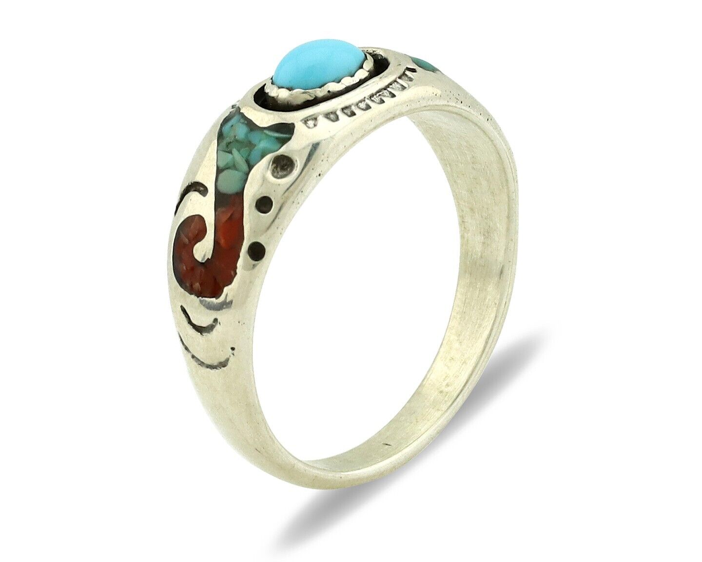 Navajo Handmade Ring 925 Silver Blue Turquoise & Coral Native American C.80's