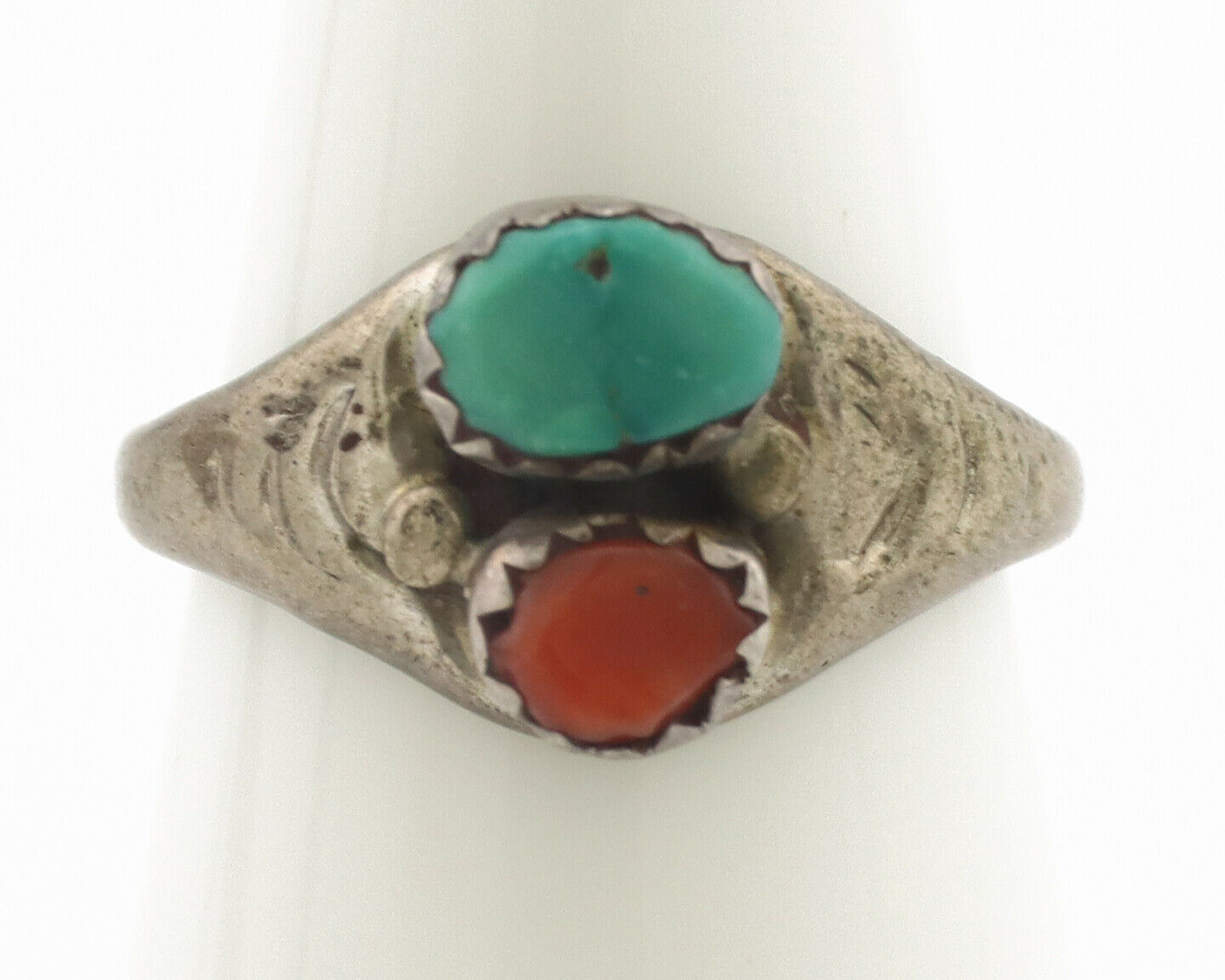 Zuni Ring .925 Silver Natural Turquoise & Coral Native American Artist C.1980's