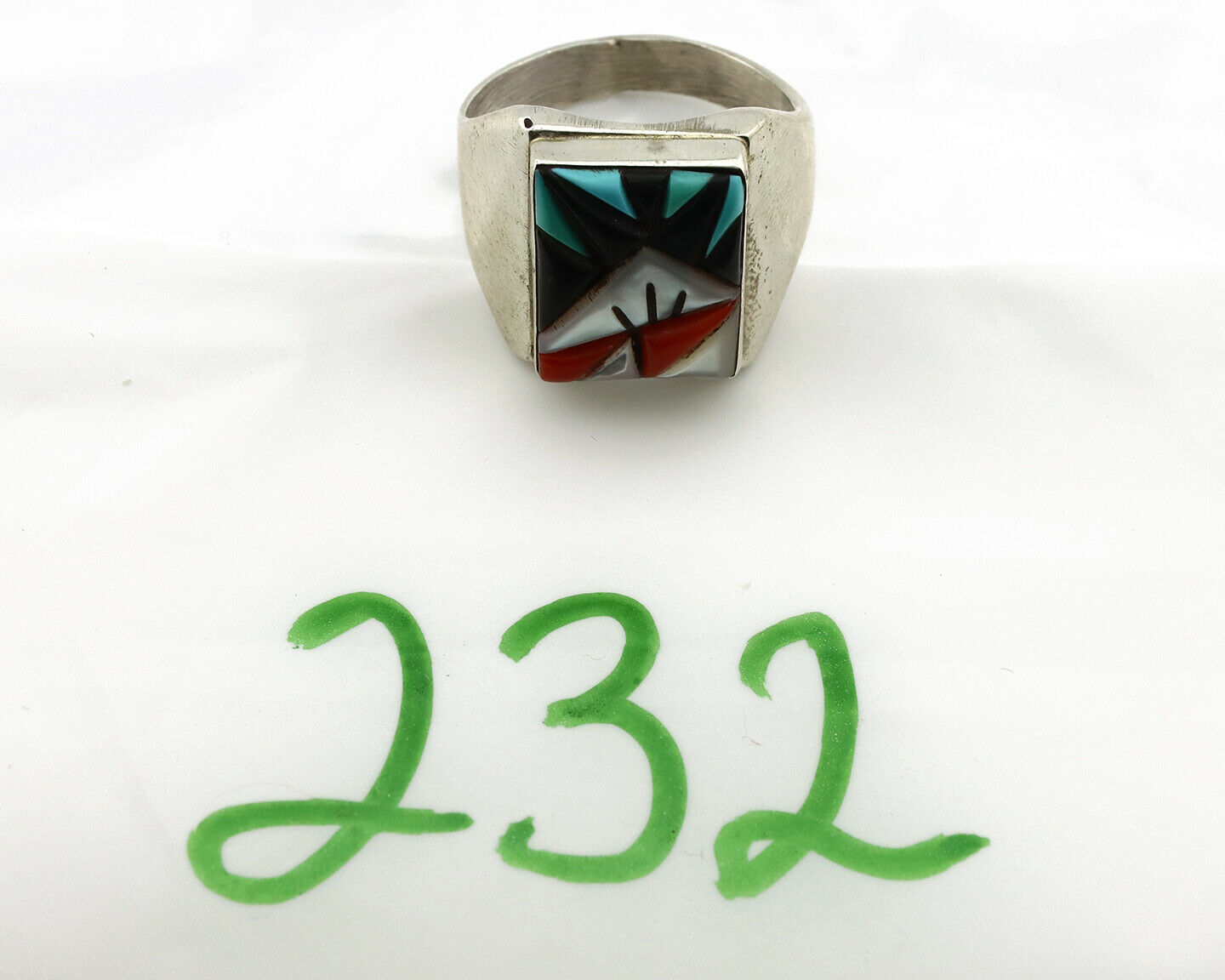 Zuni Ring .925 Silver Inlaid Gemstones Handmade Signed Artist LGL C.80's