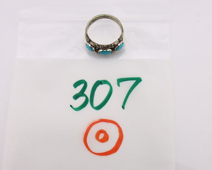 Navajo Ring .925 Silver Natural Blue Turquoise Artist Signed Sun Bell C.80's