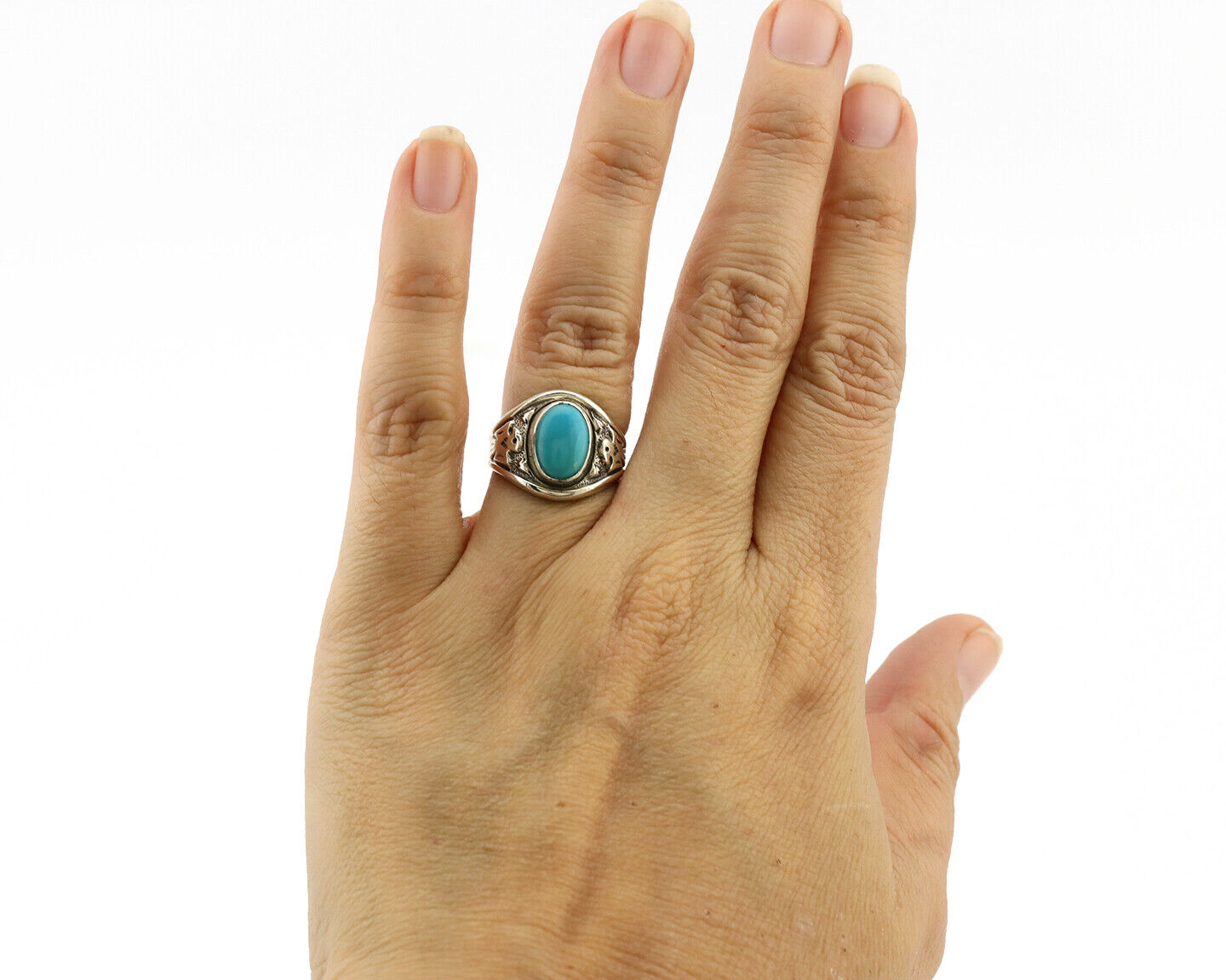 Navajo Ring 925 Silver Blue Gem Turquoise Native Artist Signed C.80s