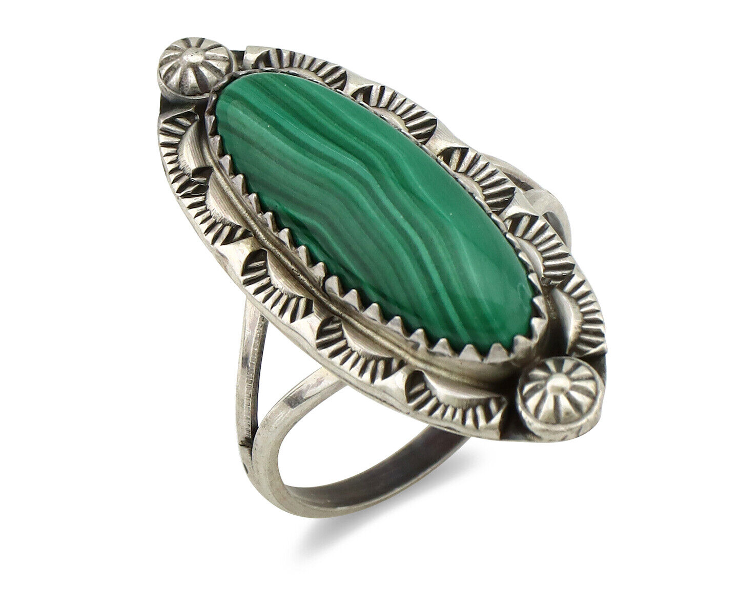 Navajo Ring 925 Silver Natural Malachite Artist Native American Signed H C.80's