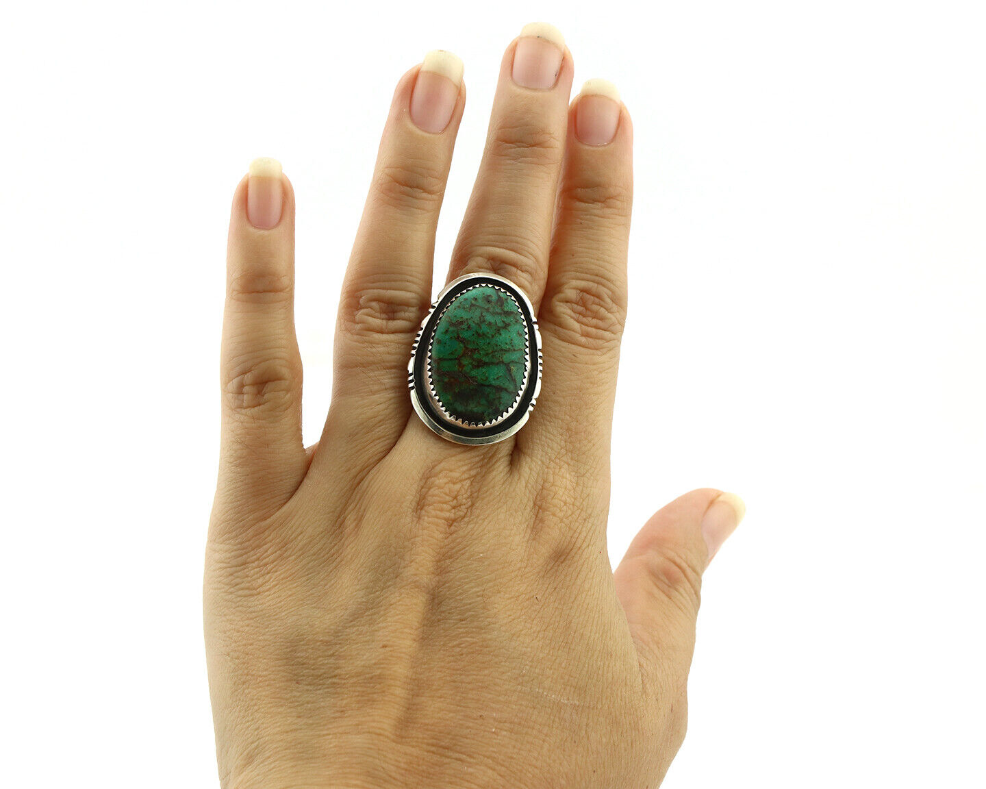 Navajo Ring 925 Silver Crescent Valley Turquoise Native American Artist C.1980's