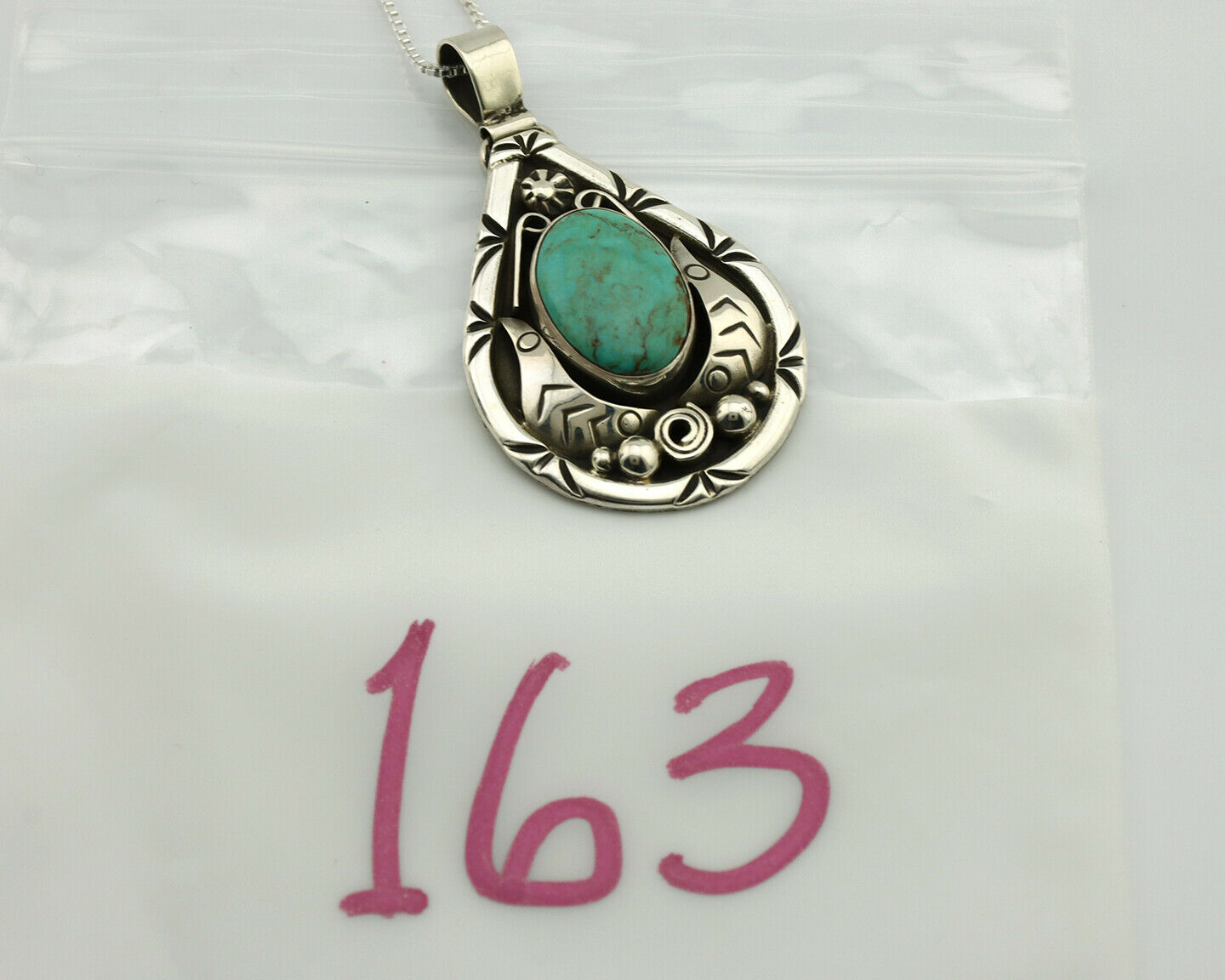 Navajo Necklace .925 Silver Kingman Turquoise Signed Tepee C.1980's