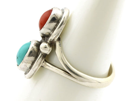 Navajo Handmade Ring 925 Silver Coral & Turquoise Native American Artist C.80's