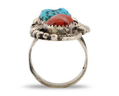 Navajo Ring 925 Silver Blue Turquiose & Coral Artist Signed Justin Morris C.80's