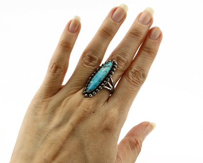 Navajo Ring .925 Silver Morenci Turquoise Signed Artist Sunbell C.80's