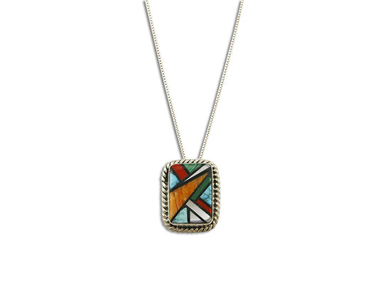 C.80-90's Navajo Doug Zachary Inlaid Natural Gemstone .925 Silver Necklace