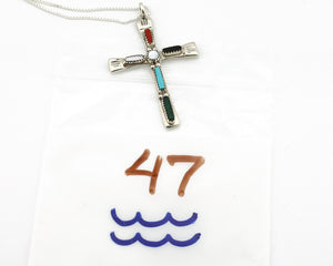 Zuni Handmade Cross Necklace 925 Silver Natural Gemstone Signed C. IULE C.80's