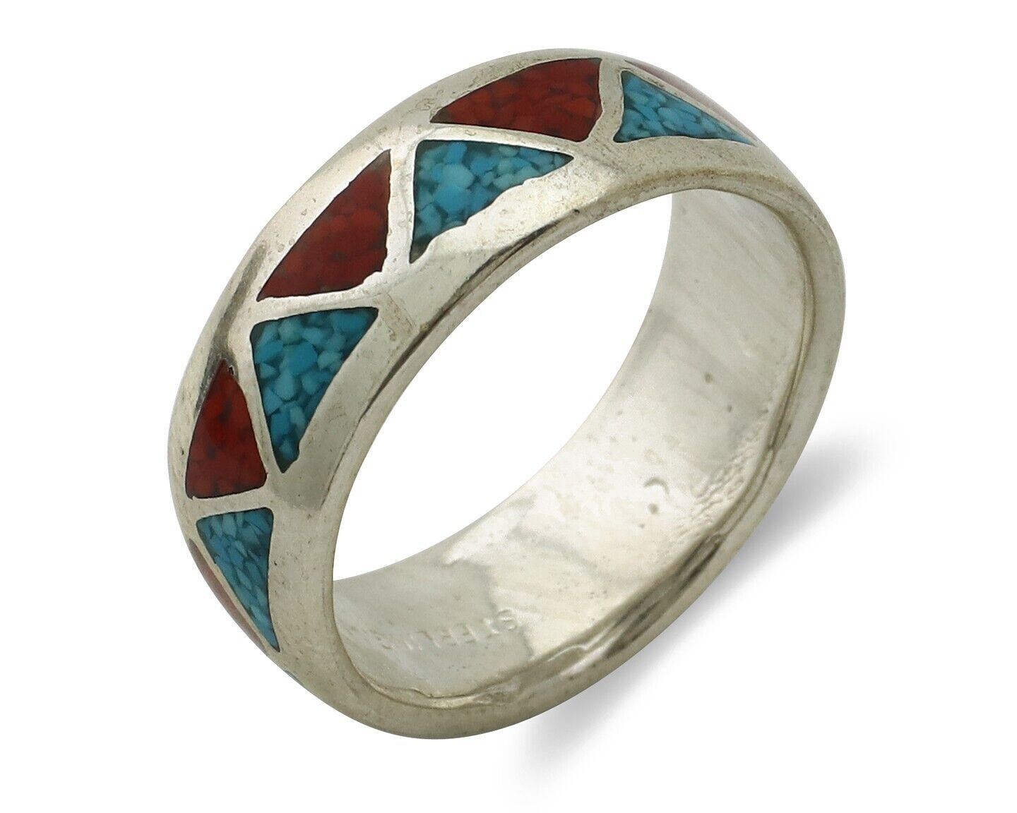 Navajo Chip Inlay Ring 925 Silver Sleeping Beauty Turquoise & Coral Silver Cloud