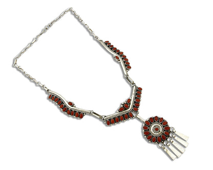 Women's Navajo Necklace .925 Silver Red Coral Handmade Signed NH 19 in Length