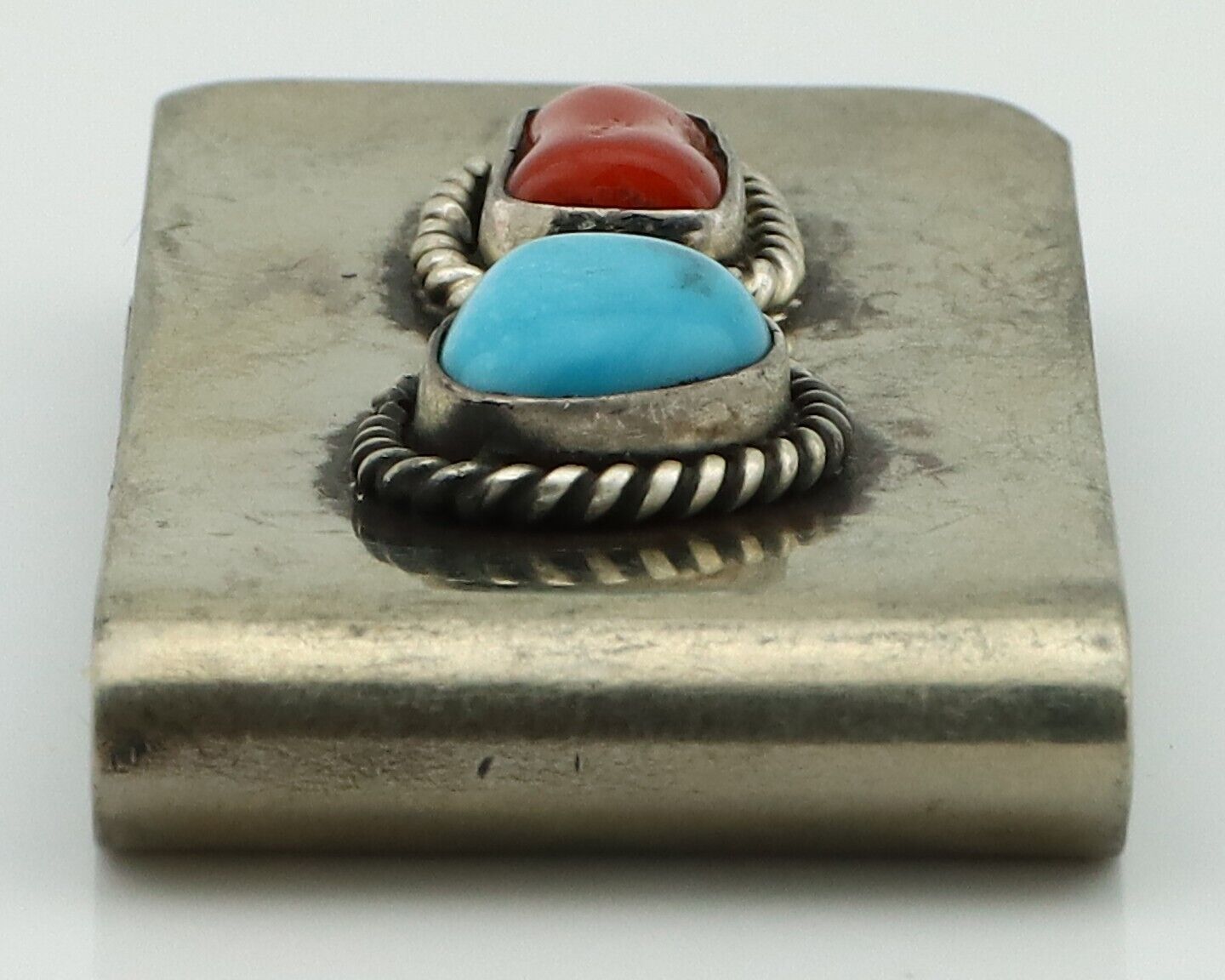 Navajo Money Clip 925 Silver & 999 Nickel Natural Turquoise & Coral Artist C80