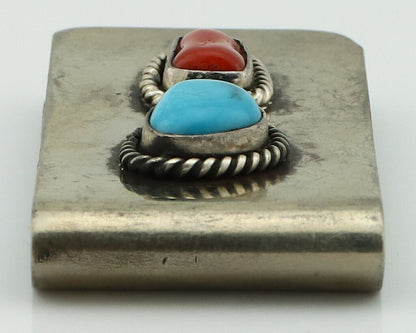 Navajo Money Clip 925 Silver & 999 Nickel Natural Turquoise & Coral Artist C80