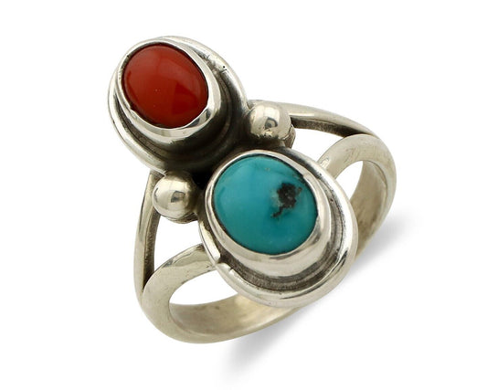 Navajo Handmade Ring 925 Silver Coral & Turquoise Native American Artist C.80's