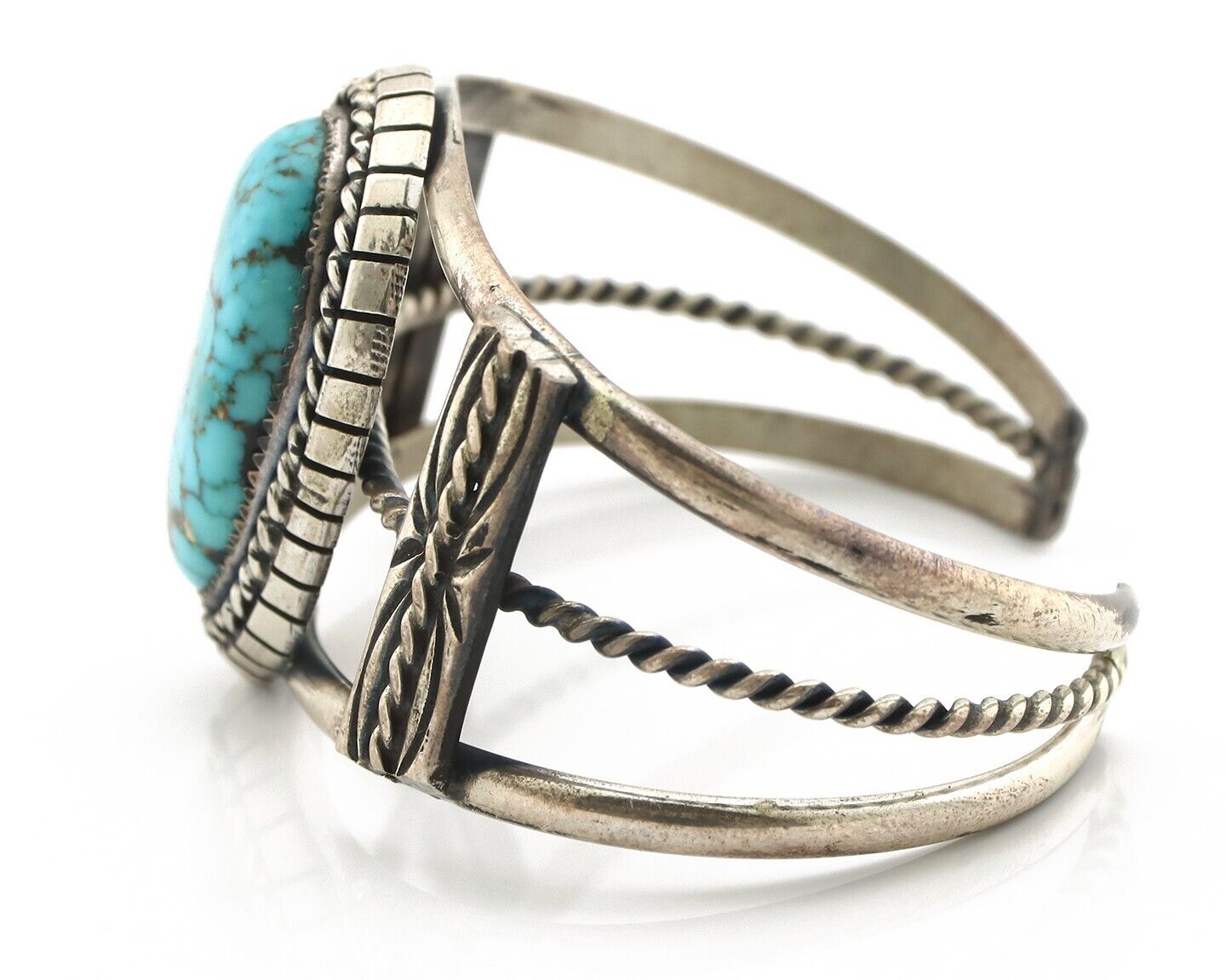 Navajo Bracelet 925 Silver Natural Blue Spiderweb Turquoise Signed Tom Willeto