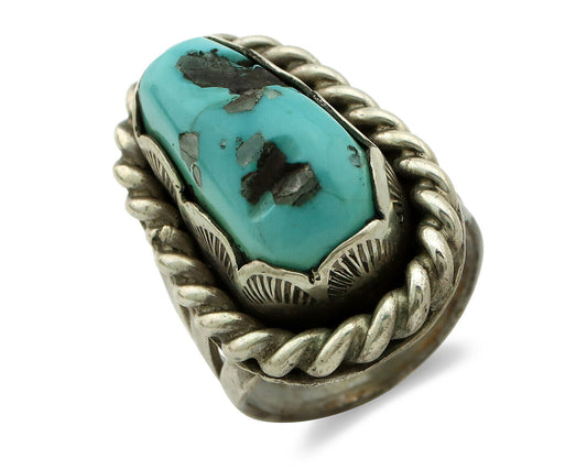 Navajo Ring 925 Silver Castle Dome Turquoise Native American Artist C.1980's