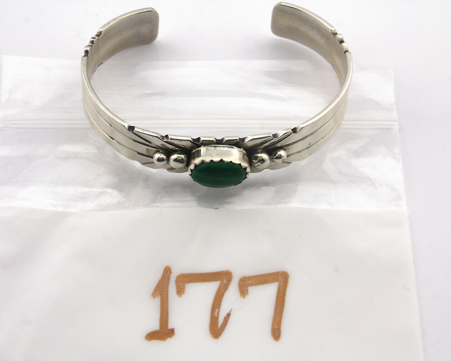 Navajo Bracelet .925 SOLID Silver Malachite Signed N C.80's